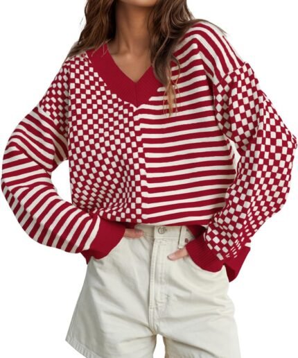 Women's Striped Checkered Sweater 2024 V Neck Fall Sweaters Casual Knit Trendy Pullover Tops