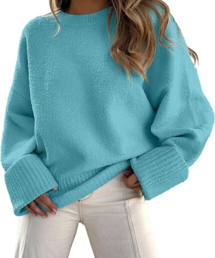 Women's Oversized Sweater Crewneck Long Sleeve Soft Fuzzy Knit Pullover Sweaters 2024 Winter Fashion Warm Tops Clothes